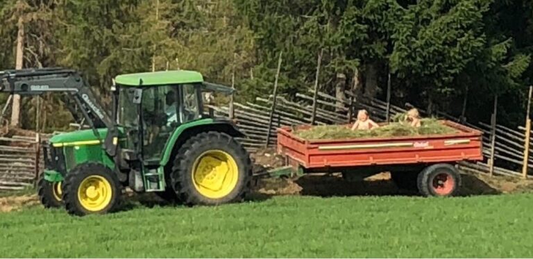 traktor med tilhenger med høy og lekende barn