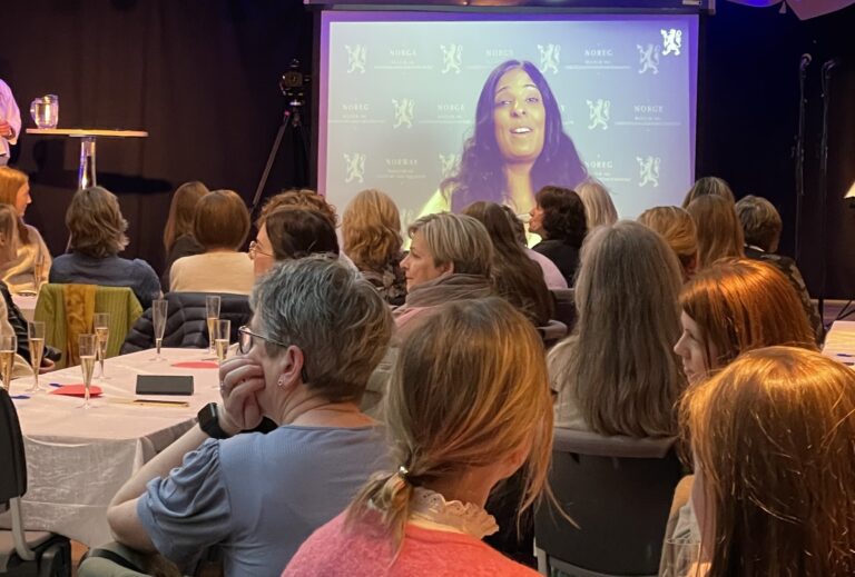 forsamling som ser på en som holder et online innlegg -BSI_4Women gir støtte til oppstartsbedrifter for kvinnelige flyktninger