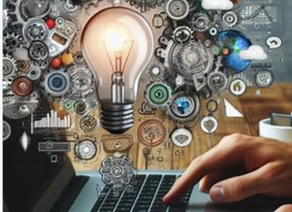 tannhjul og lyspærer og hender på en pc