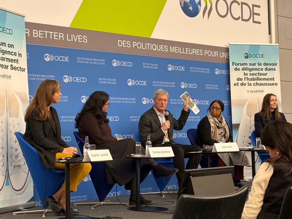 Fem personer på scene i paneldiskusjon hos OECD, fire damer og en mann.